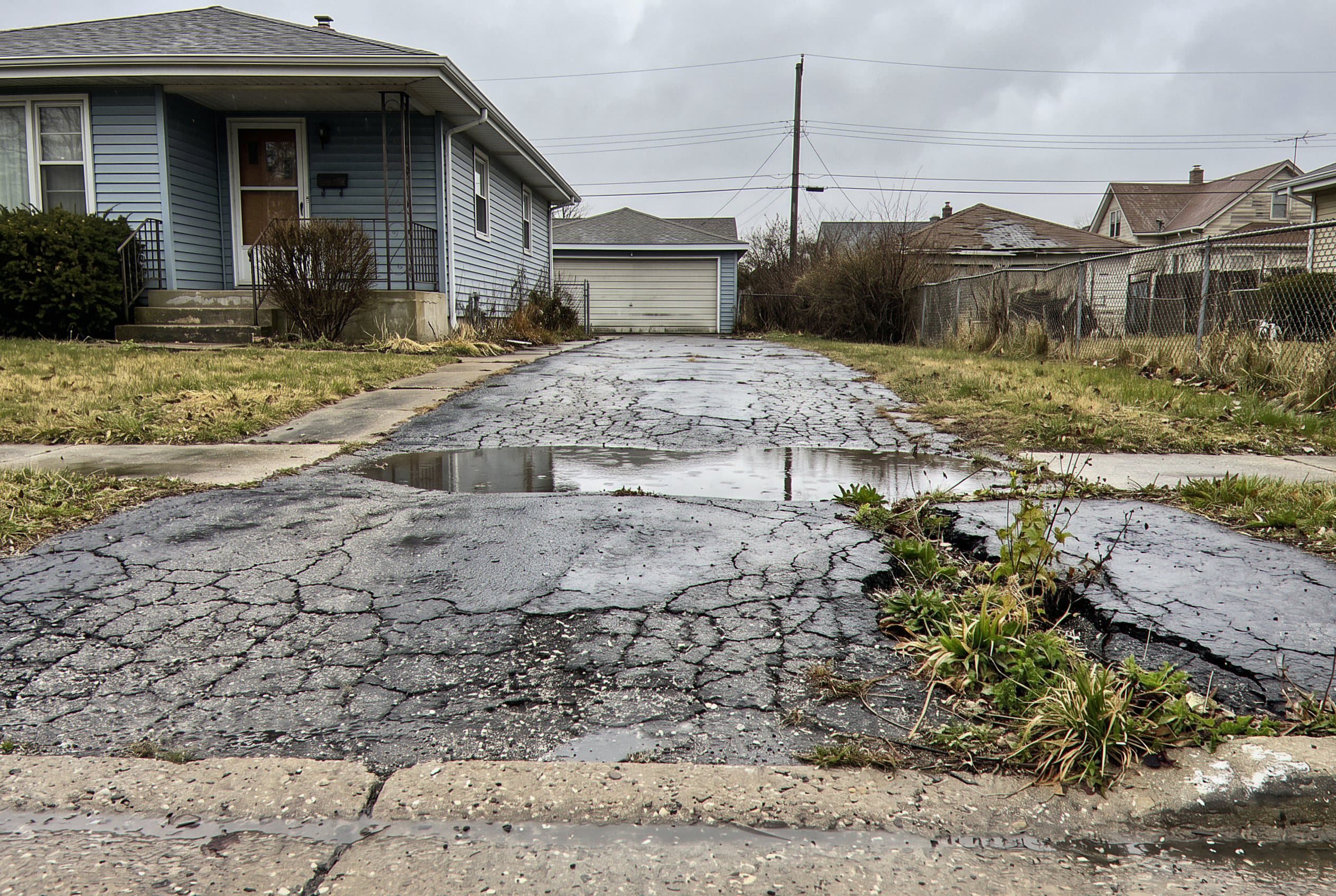 Cracked asphalt driveway with weeds and standing water