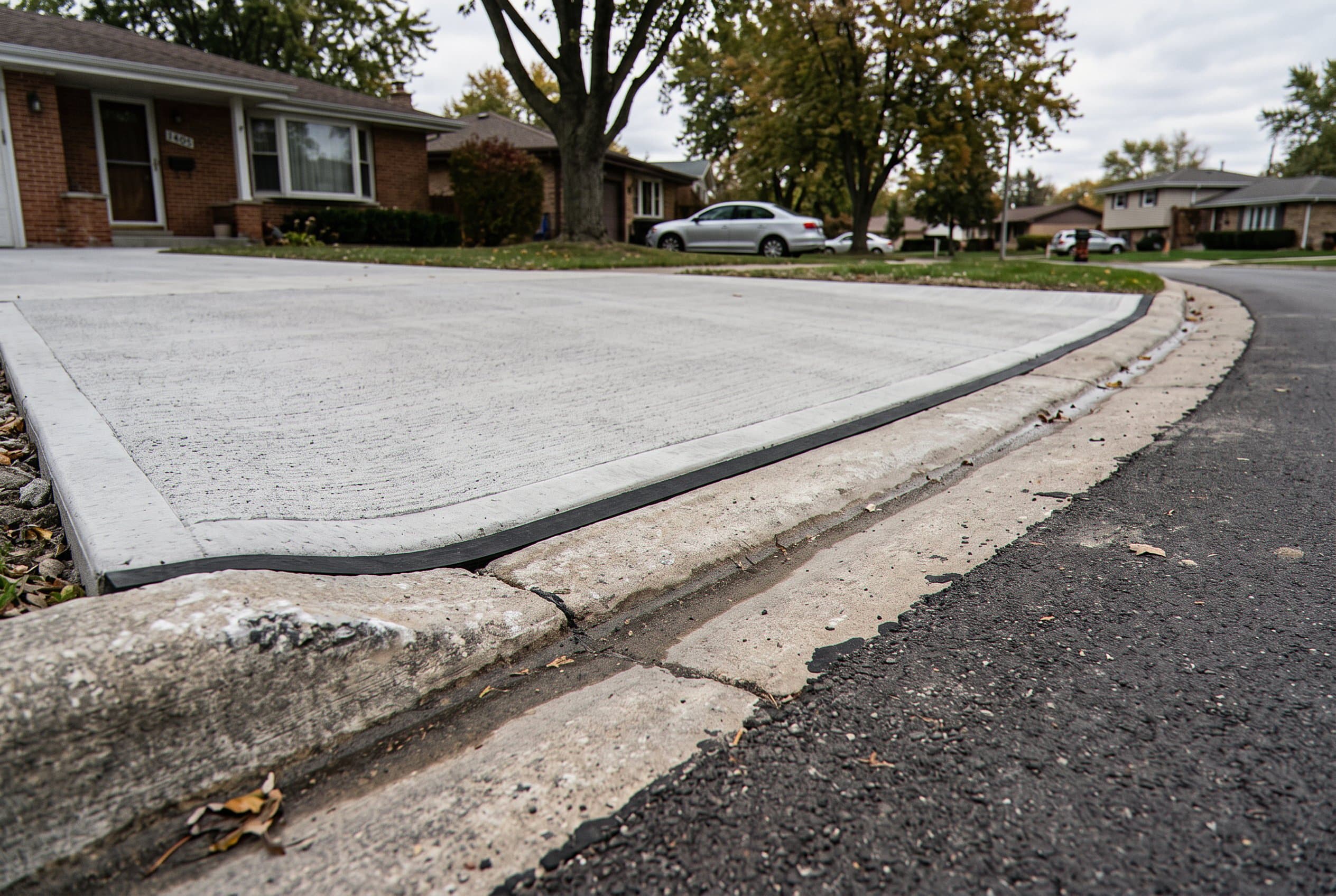 Close-up of a new driveway's curved edge and curb