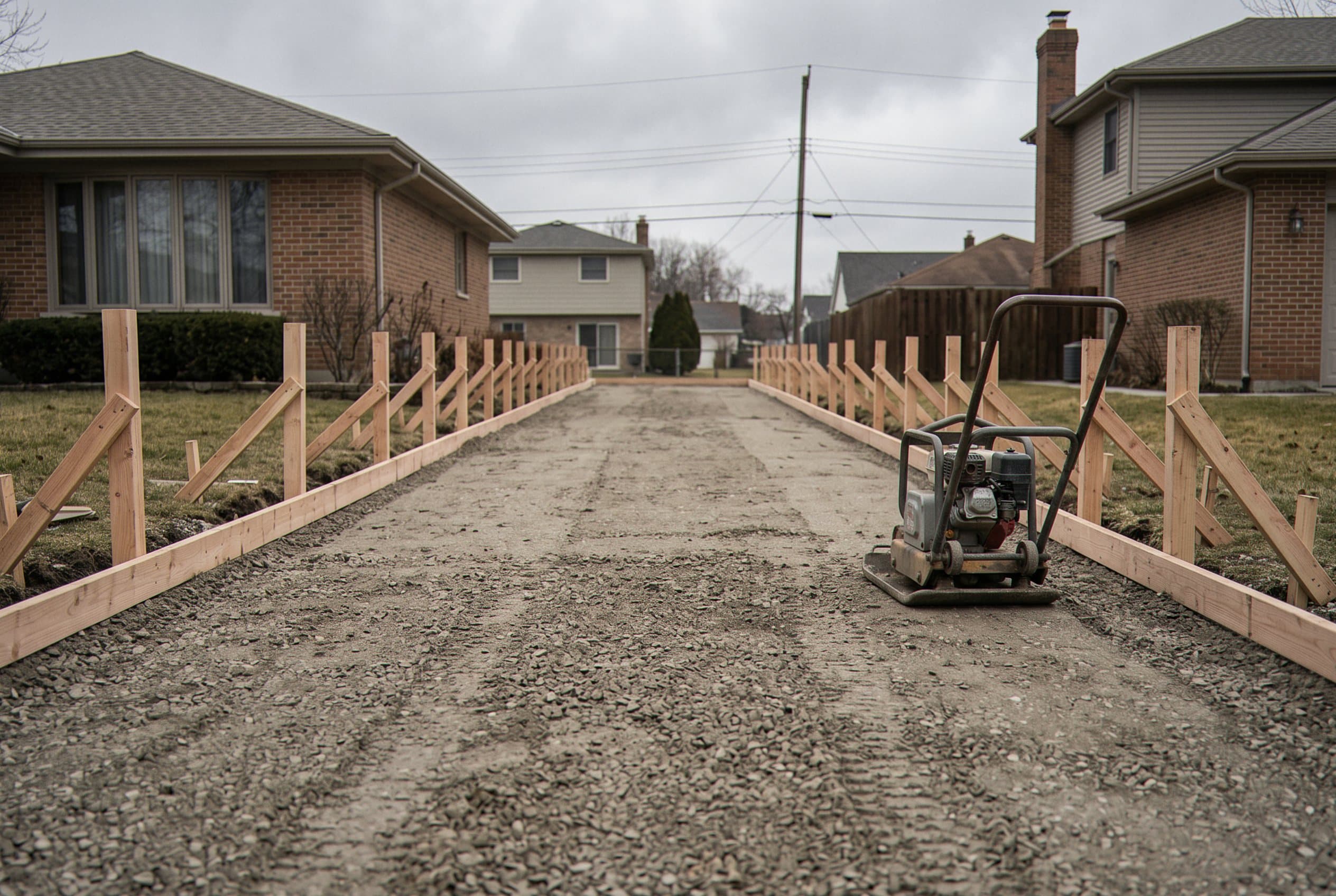 Gravel base and wood forms set for driveway pour