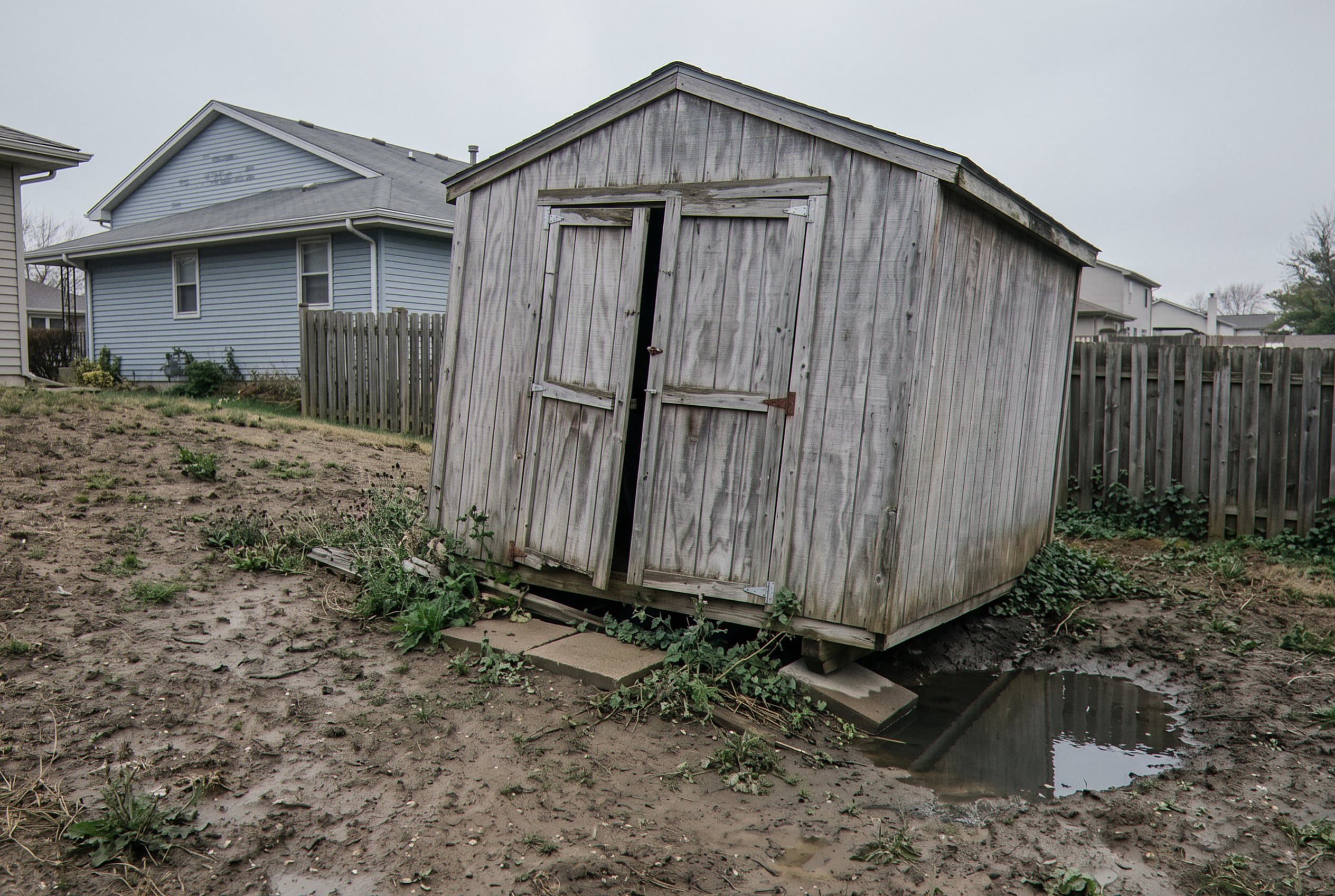 Deteriorated shed and bare ground before a new slab