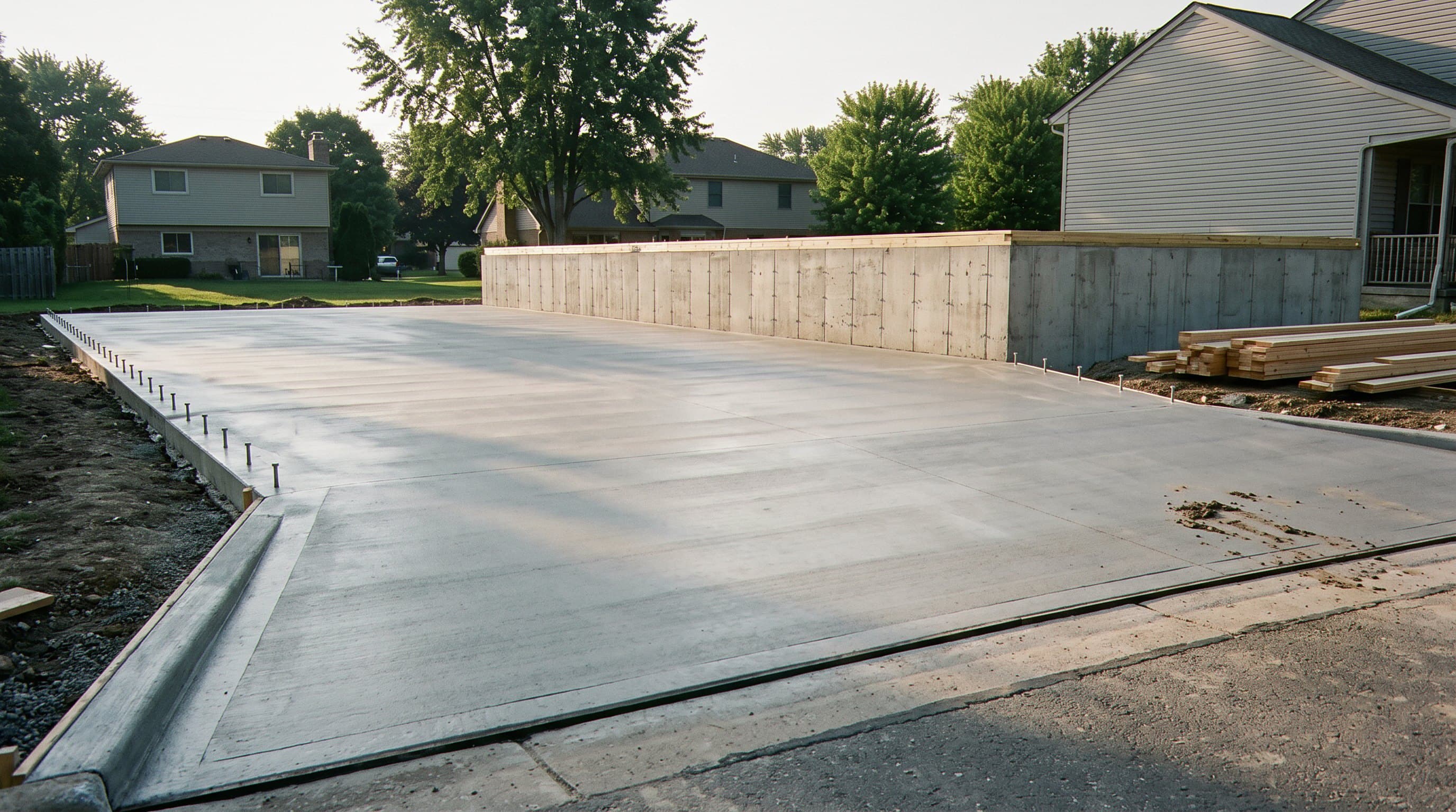 Large concrete slab poured against foundation wall forms