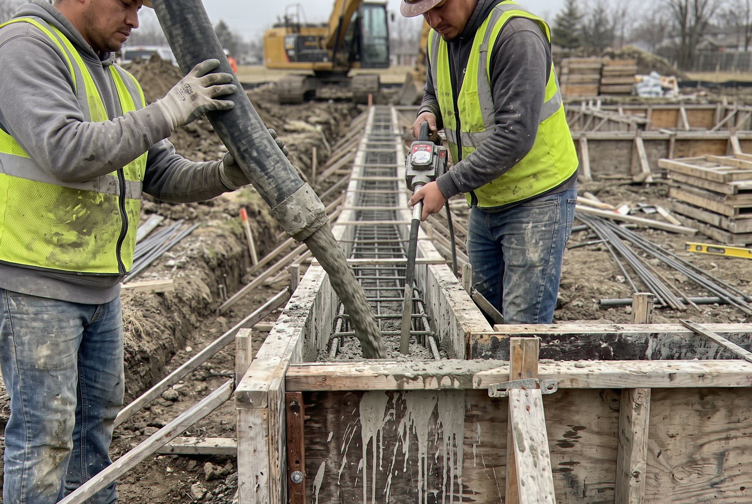 Crew pumping concrete into a rebar footing form
