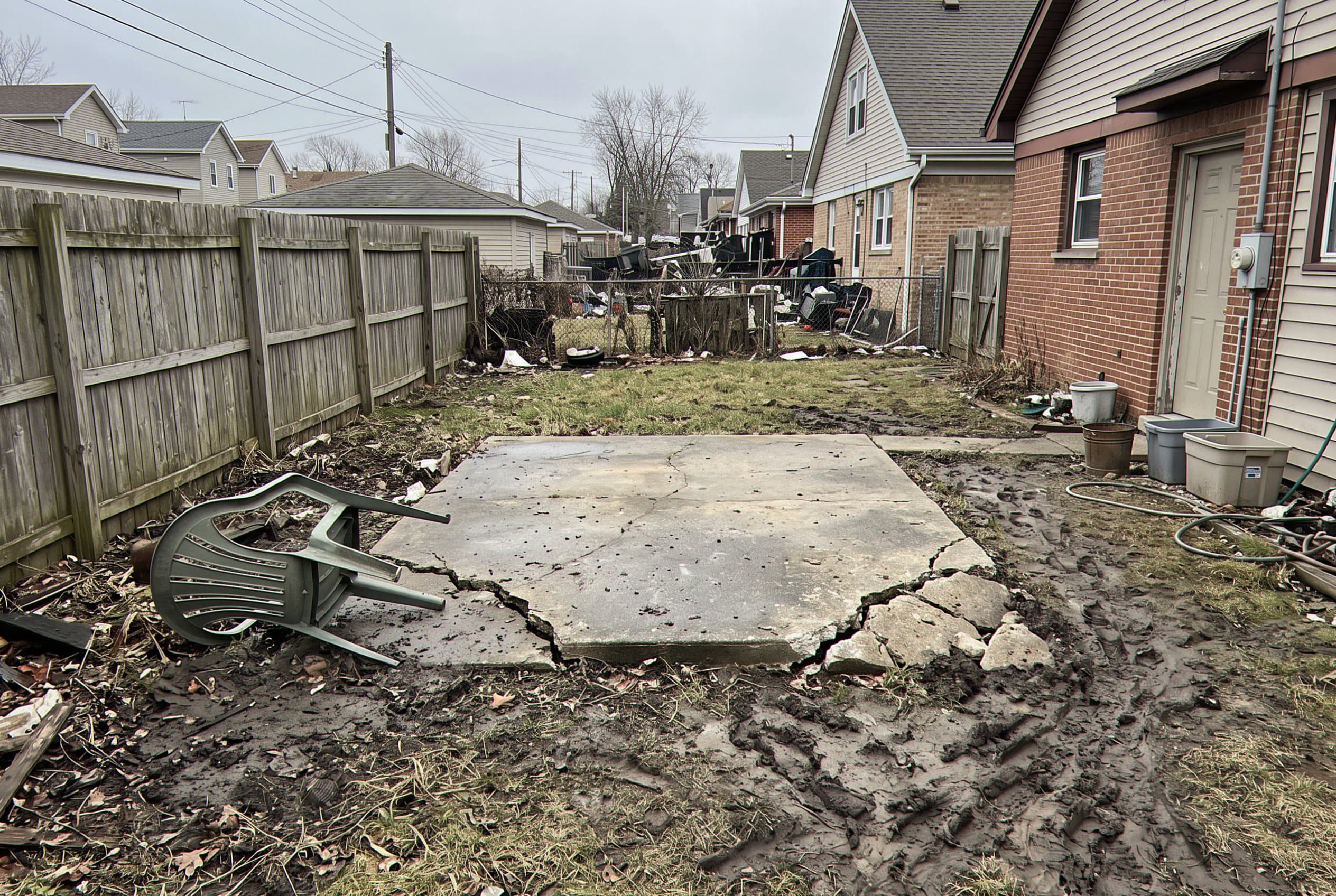 Cracked, sunken concrete patio slab before replacement
