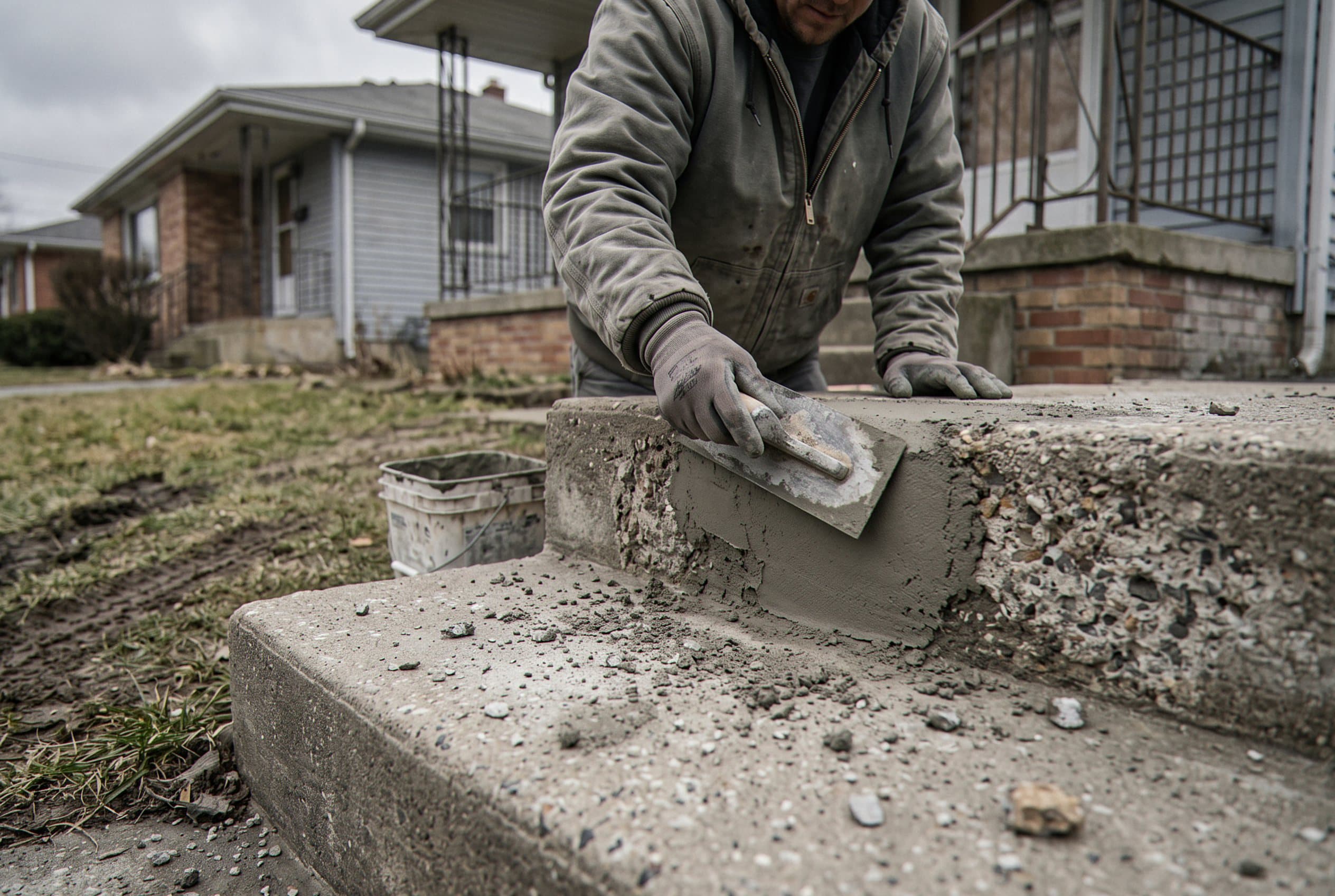 Worker troweling patch material onto a concrete step