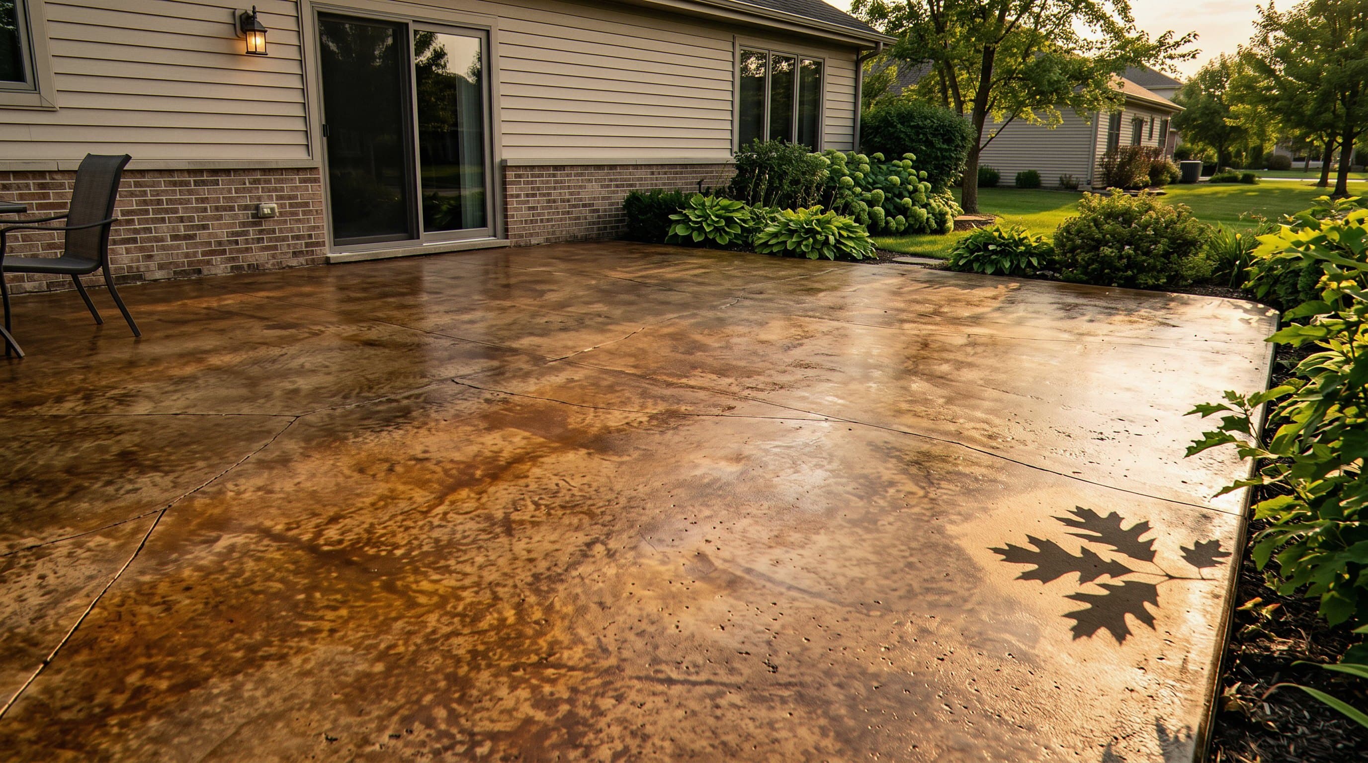 Warm stained concrete patio with marbled brown tones