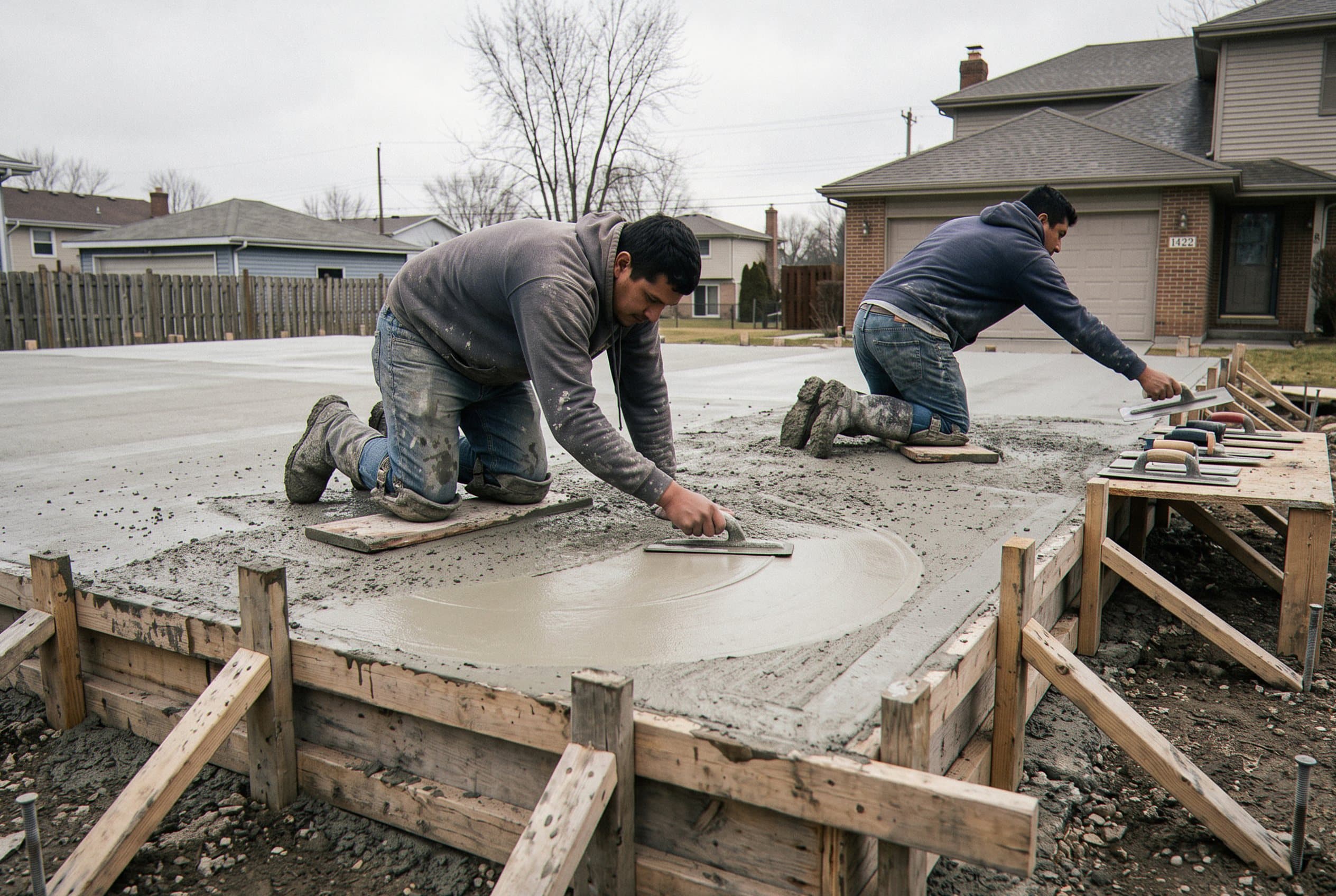Crew troweling a smooth circular finish into fresh concrete