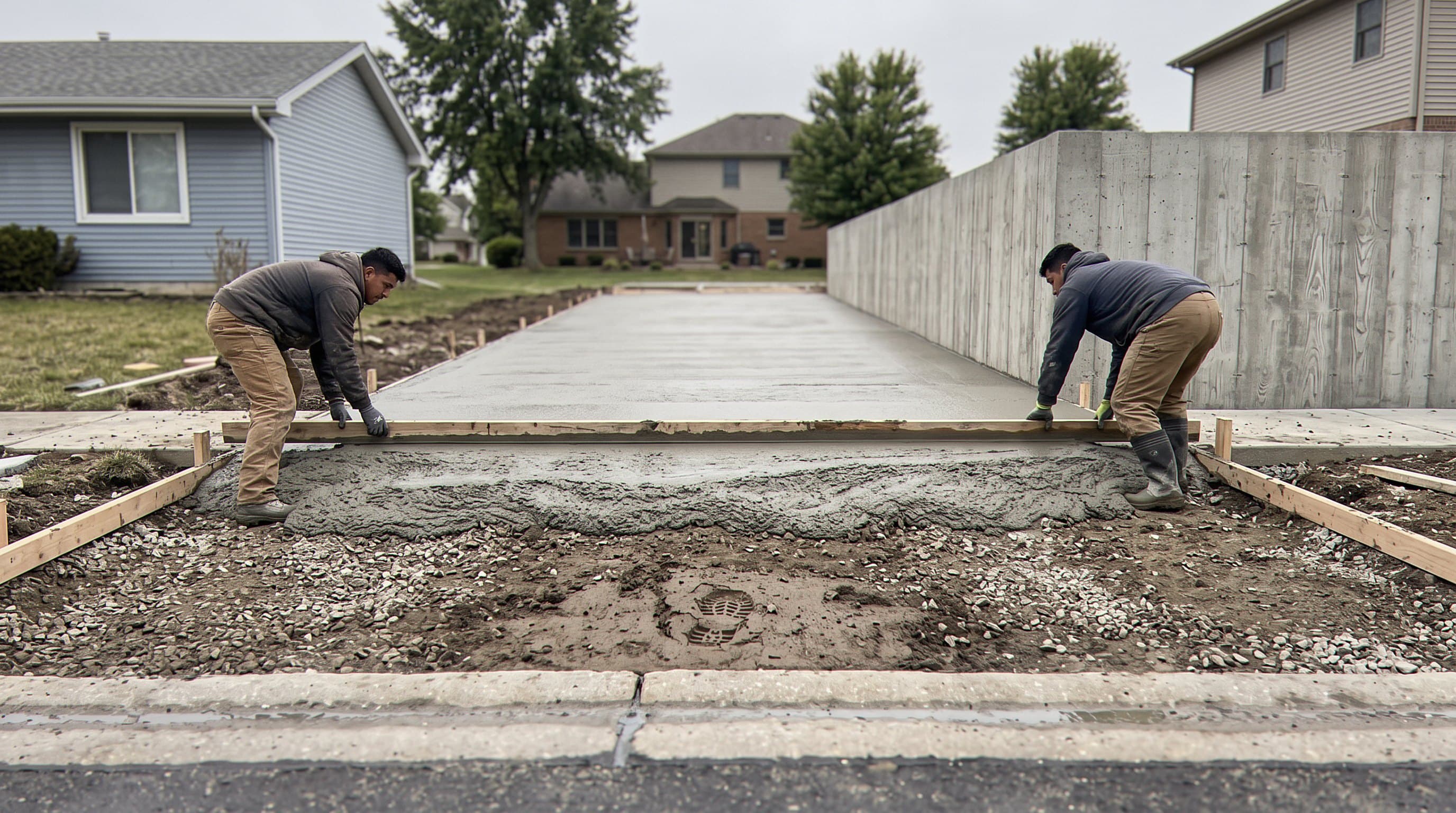 Two crew members leveling a fresh concrete driveway pour