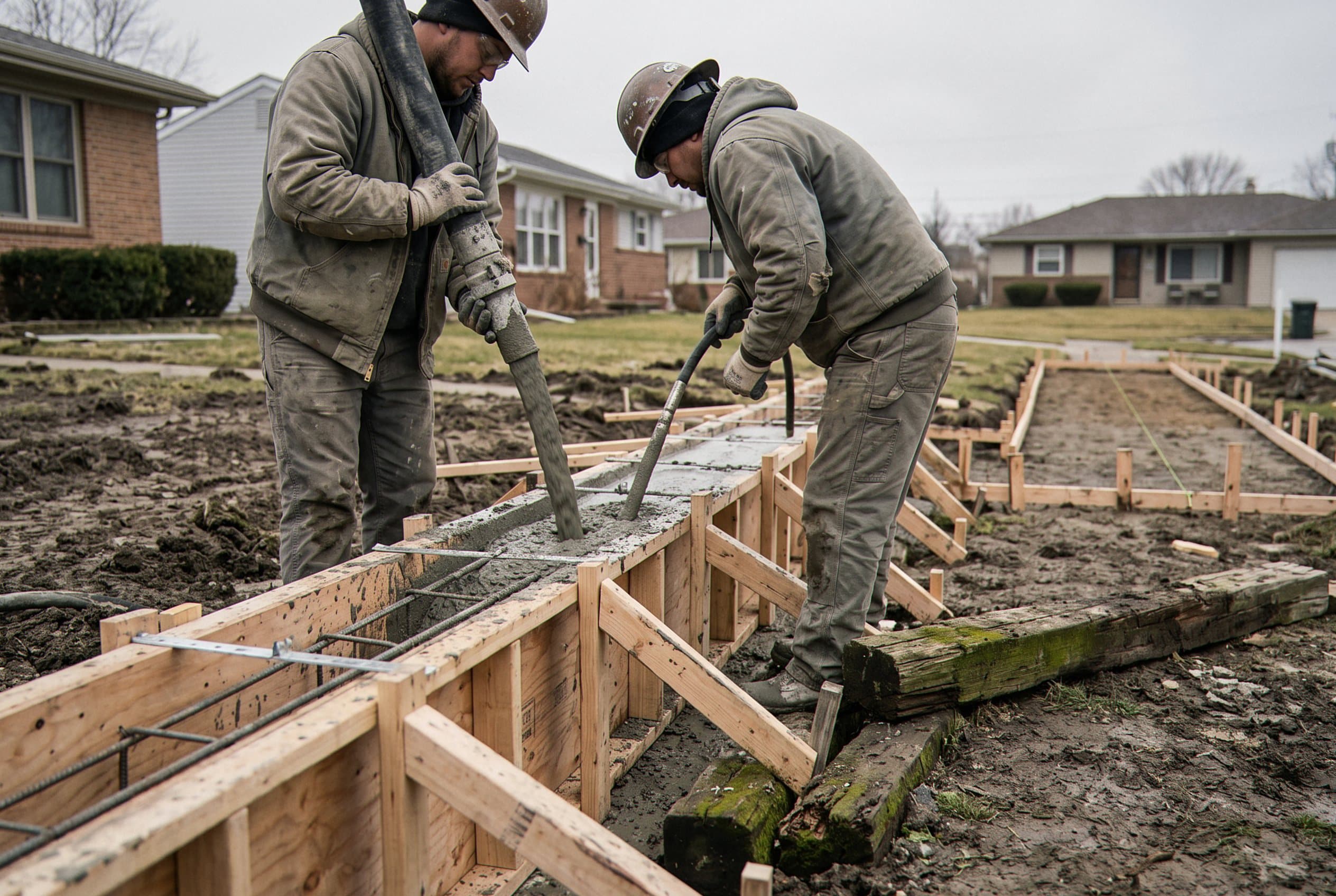 Crew pouring concrete into retaining wall footing forms