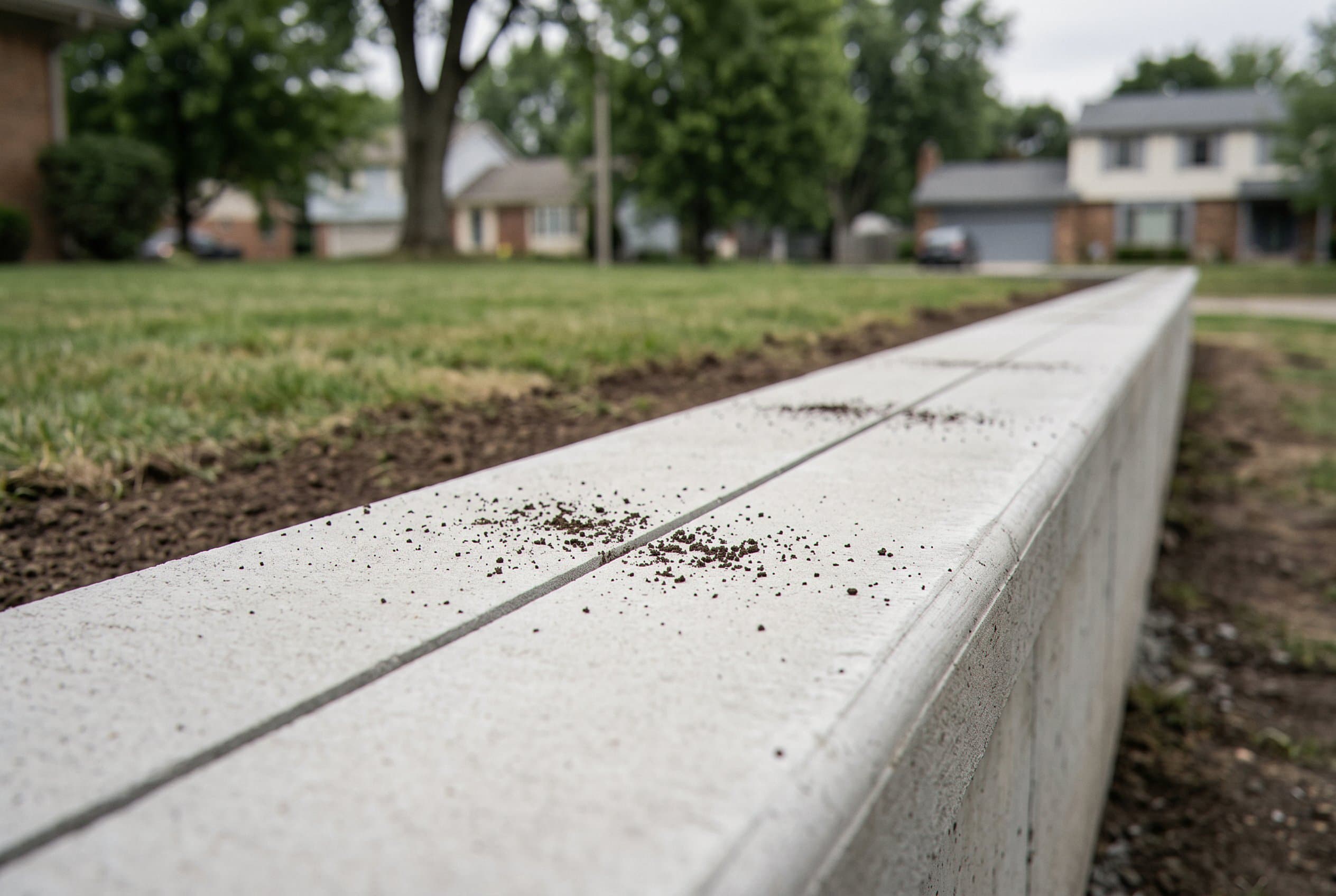 Close-up of a low concrete wall edge in grass