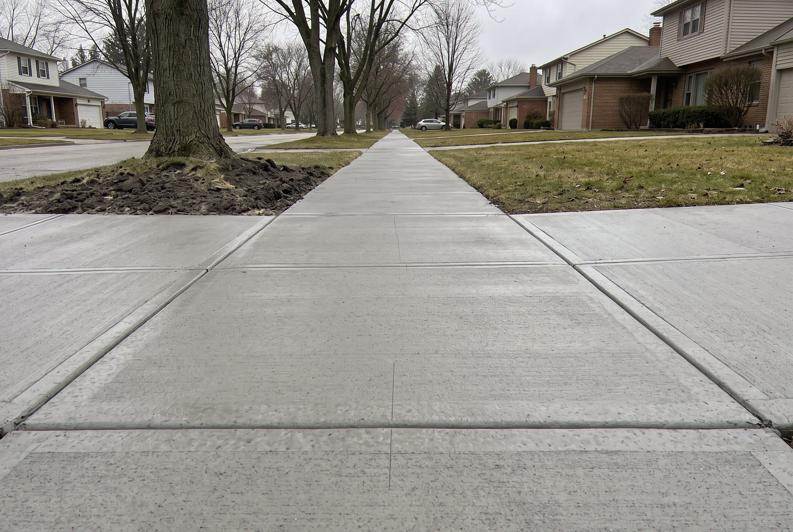 New straight concrete sidewalk running through the neighborhood