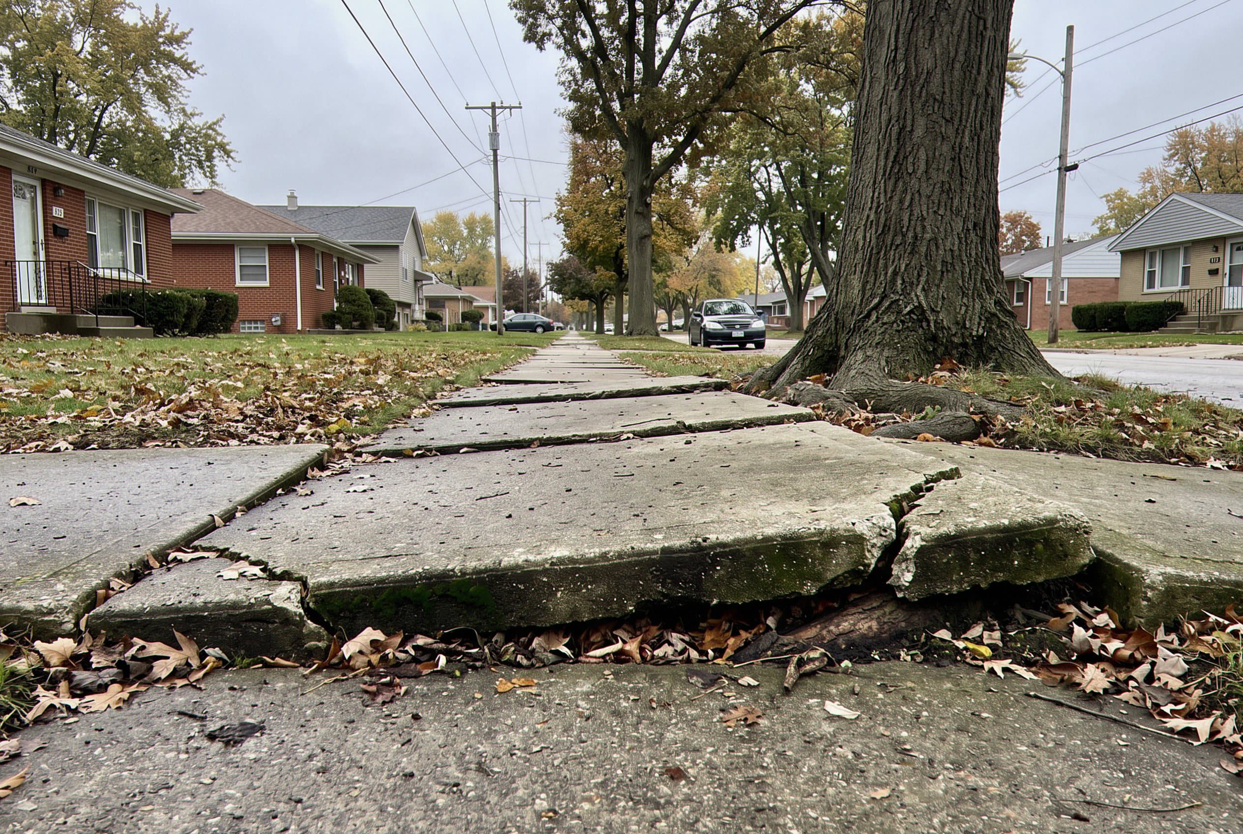 Sidewalk slabs cracked and lifted by tree roots