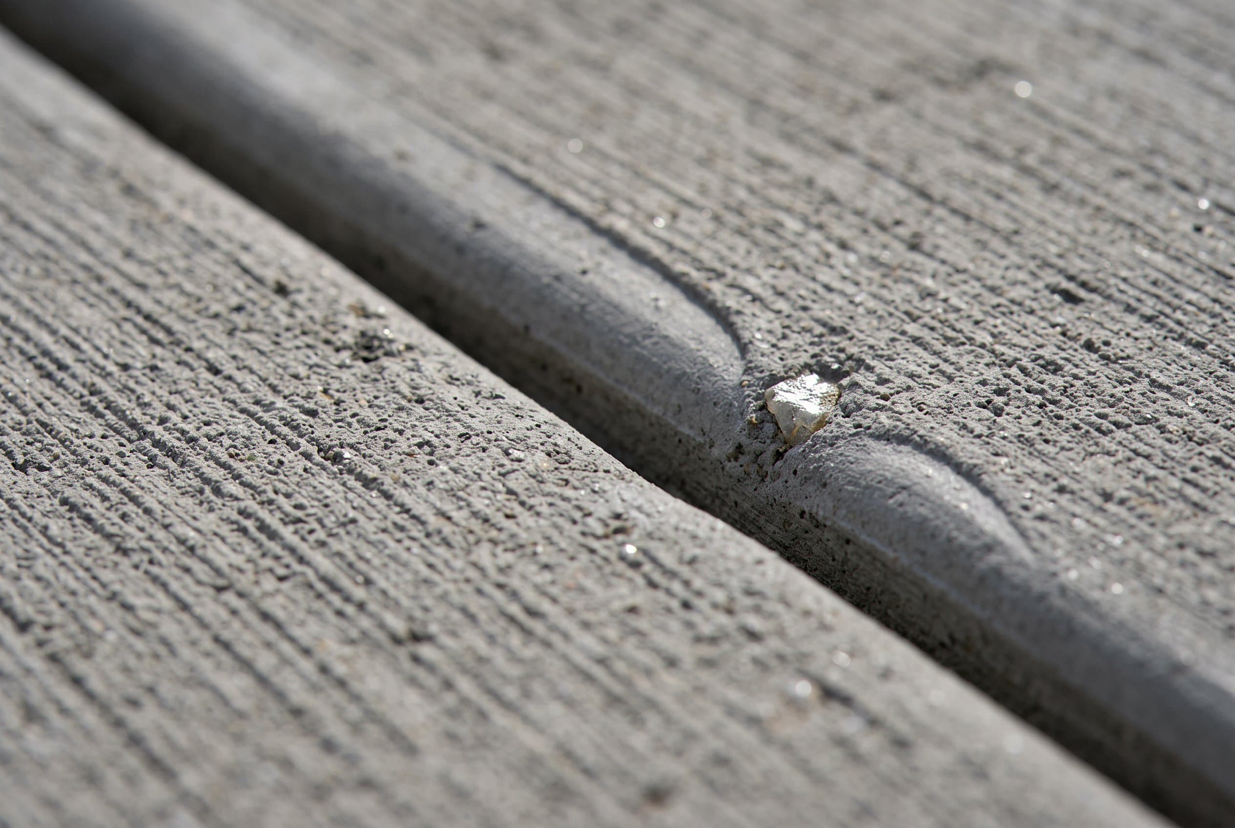 Close-up of a broom-finished concrete sidewalk joint