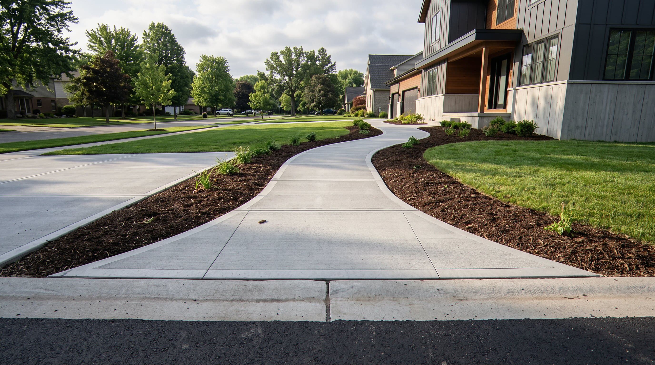 Curved concrete walkway leading to the front entry
