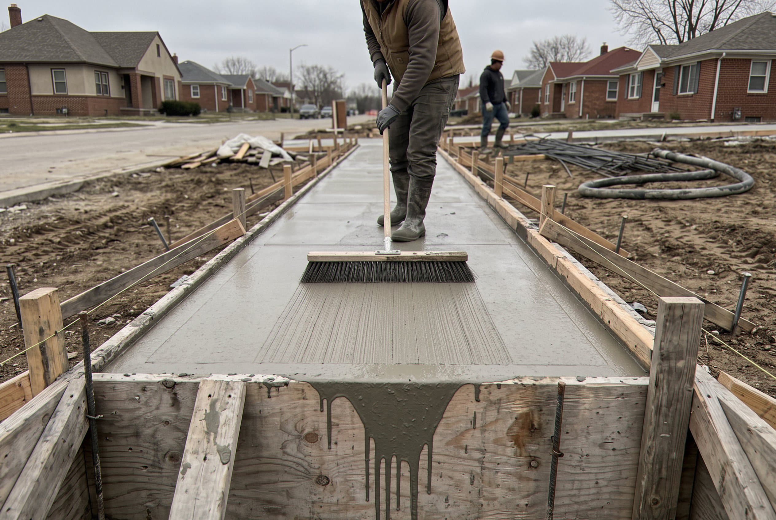 Worker broom-finishing a freshly poured concrete sidewalk
