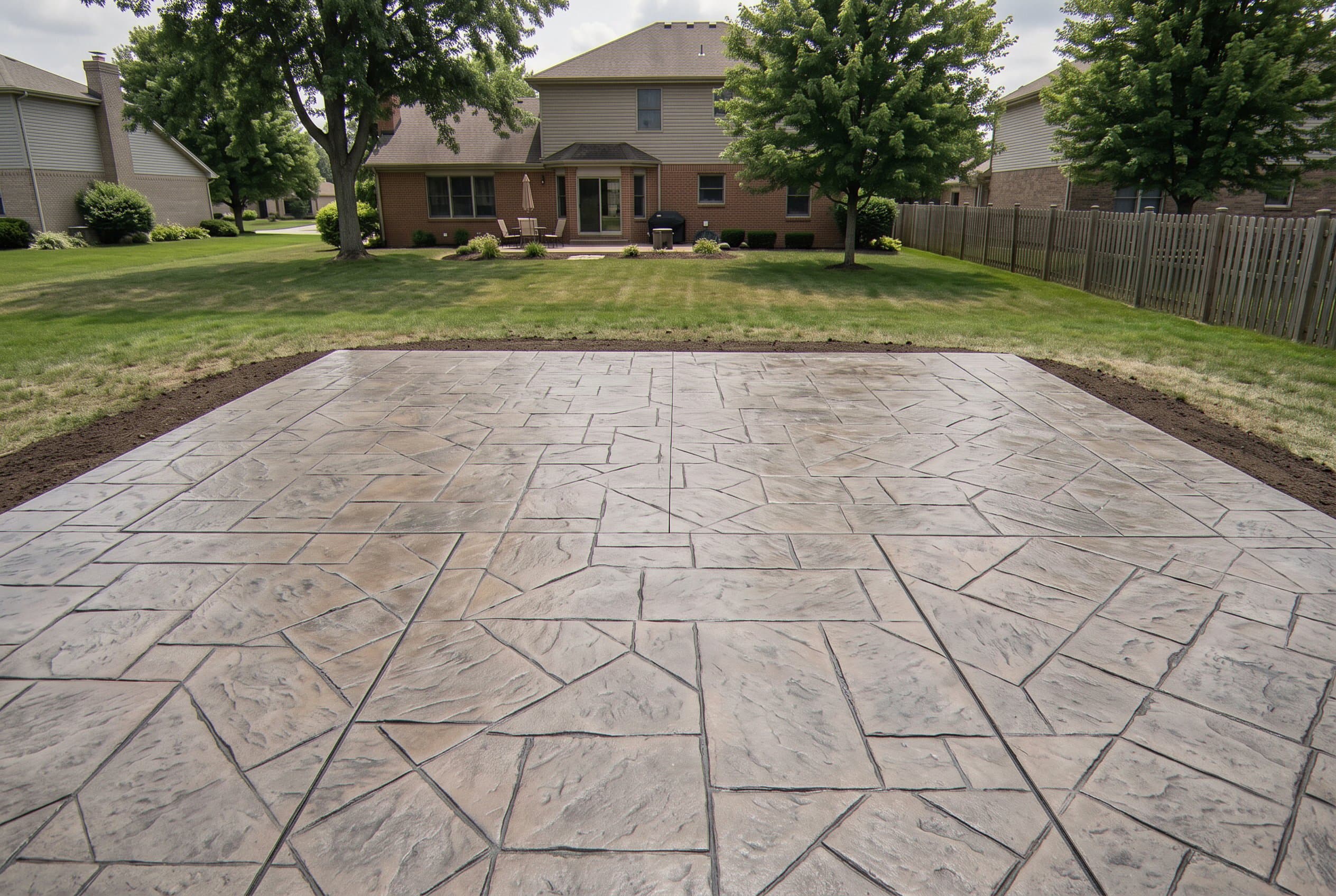 Finished stamped concrete patio with a flagstone pattern