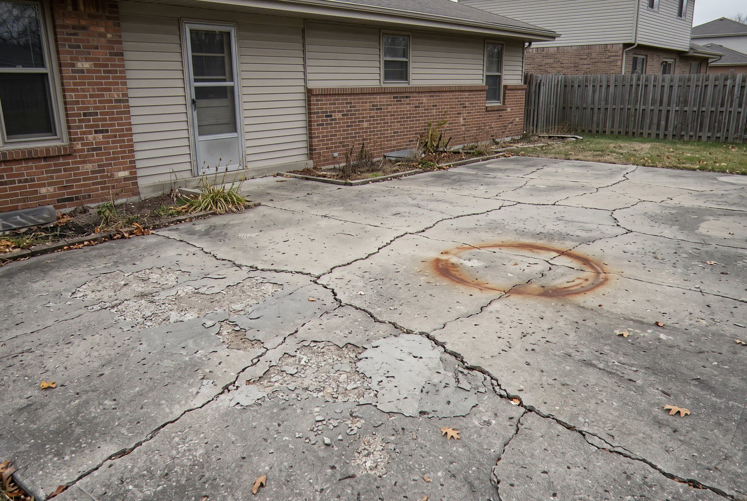Old cracked concrete slab with a rust stain