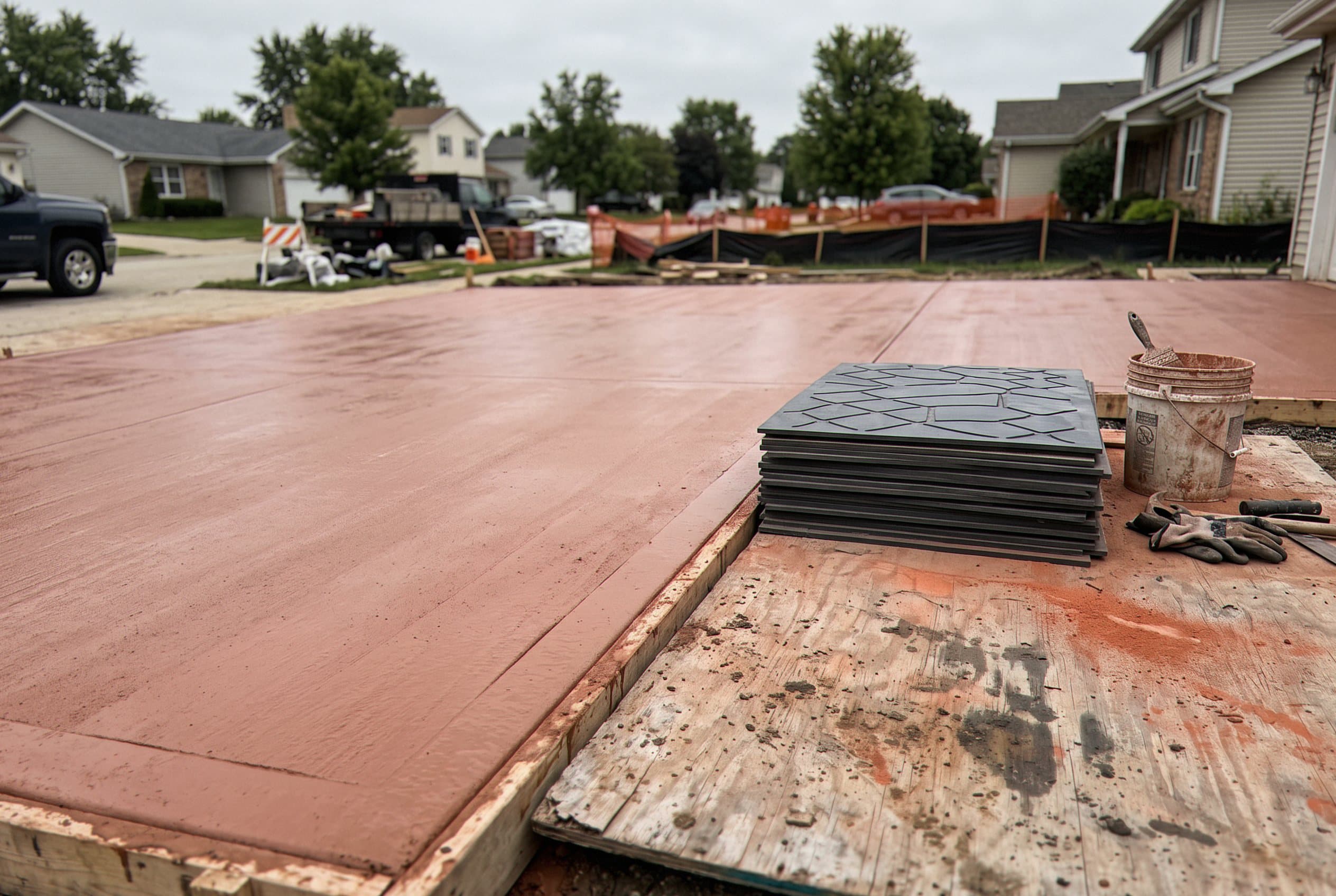 Stamp mats staged on freshly poured tinted concrete